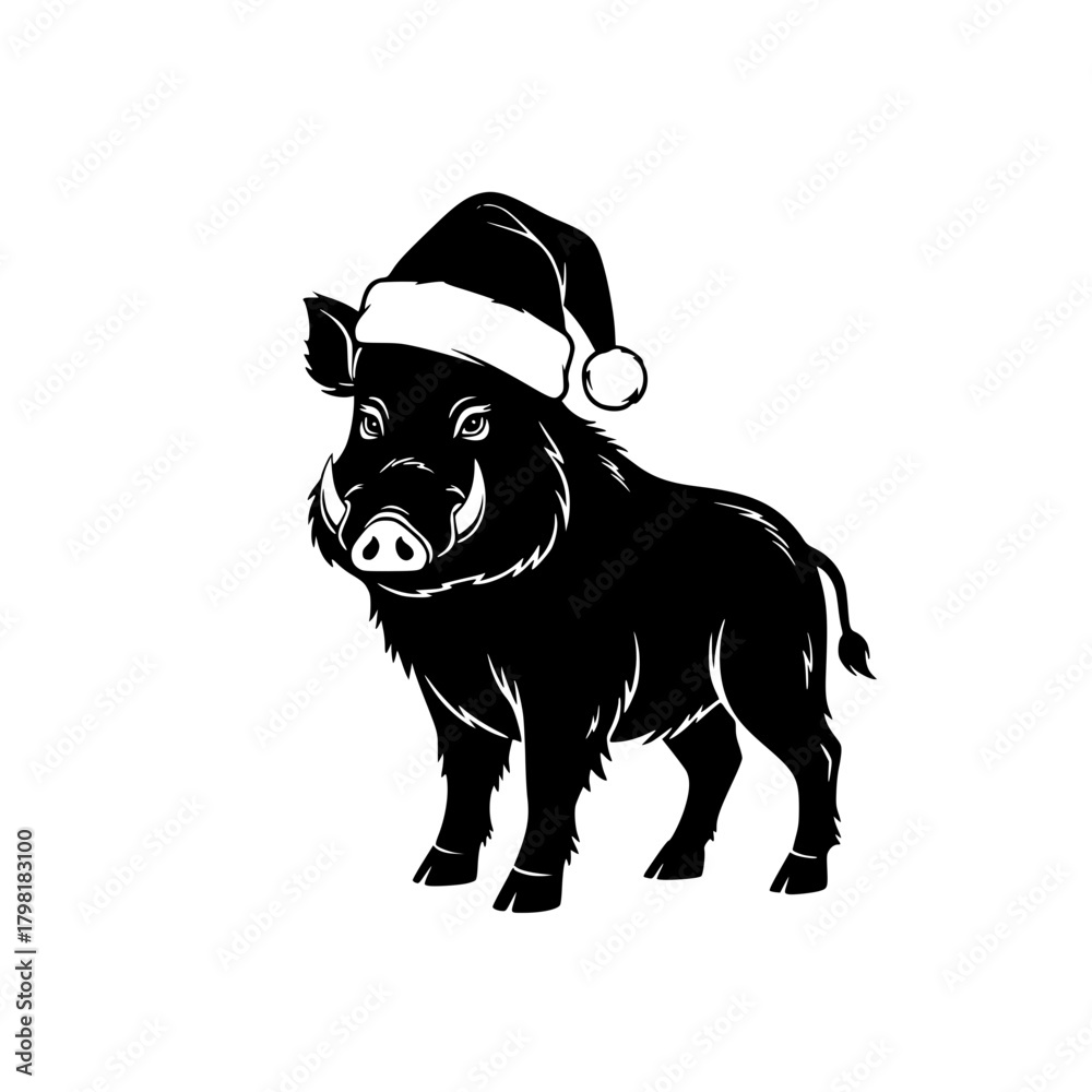 Fototapeta premium A festive illustration of a wild pig donning a Santa hat, embodying the spirit of celebration and cheer. A fun, whimsical artwork of the holiday season.