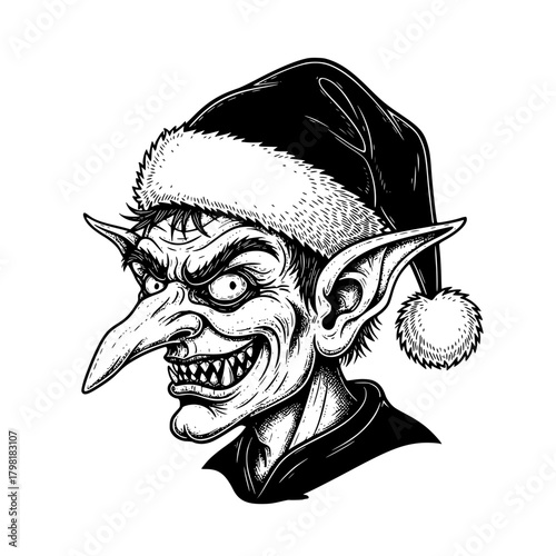 A sinister Christmas elf grins with a wicked smirk, his elongated nose and sharp teeth hinting at mischief, captured in an illustration, a holiday season's devilish icon.