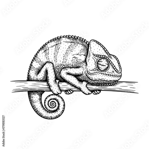 A detailed sketch of a chameleon perched serenely on a tree branch, meticulously rendered with intricate lines and shadows. The artistic illustration showcases the chameleon's unique features.