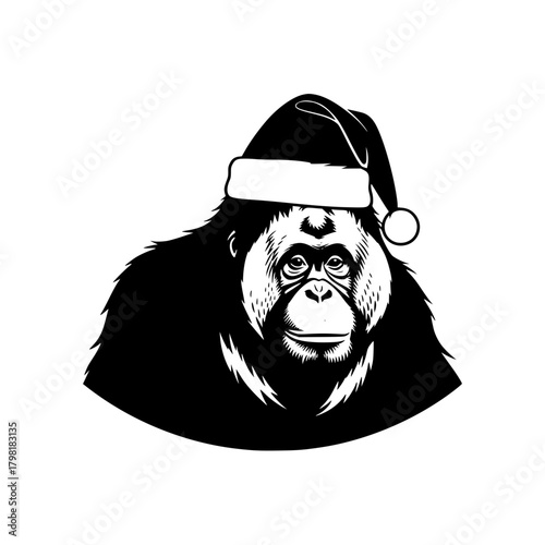 An orangutan, adorned with a festive hat, smiles in this charming illustration. The image evokes a sense of holiday cheer.