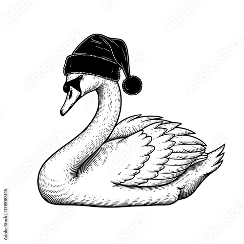 A regal swan, adorned with a festive hat, rests gracefully, exuding a unique charm and whimsical appeal. A study in contrasts: refined elegance blended with playful attire. 