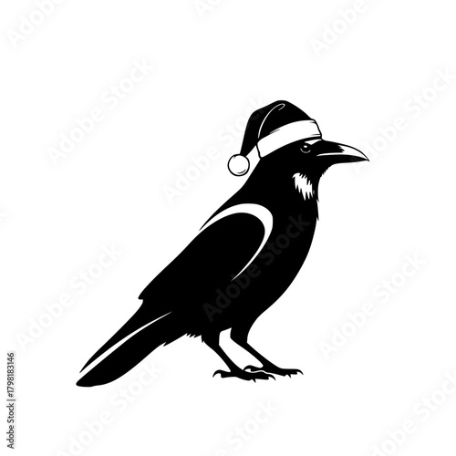 A festive crow silhouette adorned with a Santa hat against a bright background, perfectly capturing the holiday spirit with a touch of avian charm.
