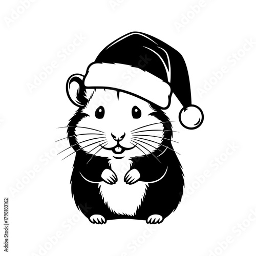 A charming monochrome illustration of a hamster wearing a Santa hat, embodying the joyous spirit of the season.