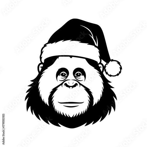 A delightful Orangutan dons a Santa hat, embodies the holiday cheer in this charming digital portrait, perfect for adding a touch of whimsy to any festive project.