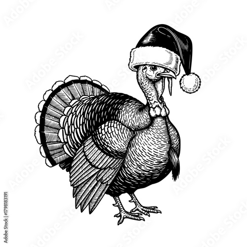 A festive Turkey in a Santa hat. A delightful black and white illustration of a turkey adorned with a Santa hat, bringing a touch of holiday cheer to your designs.