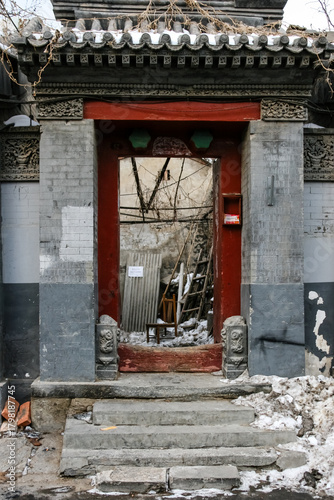 Charming Entryway to Chinese Temple with Snowy Steps