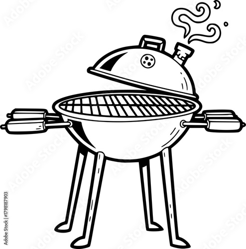 Charcoal grill with smoke and sausages on barbecue rack  