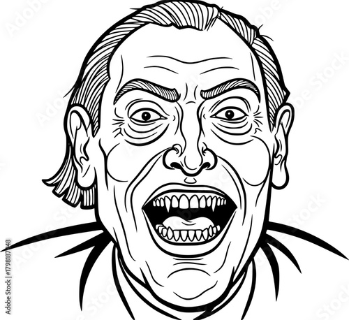 Angry man screaming with exaggerated expression in line art style  