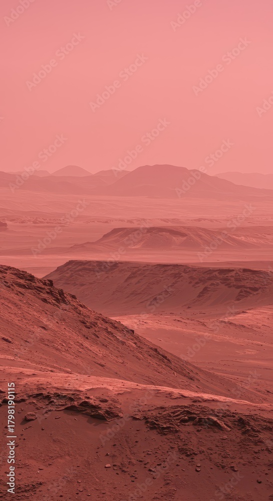 Fototapeta premium Wide panoramic vista of vast, ancient Martian canyons carved by wind and past water flows, under a dusty pink sky, rust, weathered, sedimentary