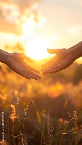 Two hands reaching to connect in a glowing field during a warm sunset