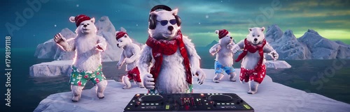 Christmas Party: Funny polar bears dance on an ice floe among icebergs at the North Pole. Animated 3D video for holiday events, greeting cards, and winter-themed content.