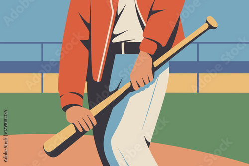 Stylized Baseball Field Illustration Featuring a Bat Against a Pastel Landscape