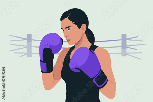 Determined Female Boxer in Purple Gloves Focused and Ready for Action in Soft Pastel Background