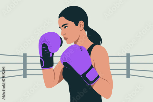 Determined Female Boxer in Purple Gloves Focused and Ready for Action in Soft Pastel Background