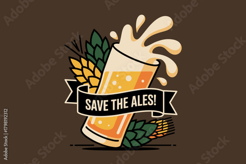 Playful Beer-Themed Illustration Featuring a Beer Glass Splash with Hops and Barley