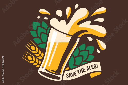 Playful Beer-Themed Illustration Featuring a Beer Glass Splash with Hops and Barley