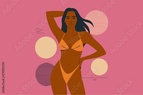 Vibrant Summer Vibes: Confident Woman in Stylish Bikini Posing Against Playful Pink Background with Geometric Sun Elements