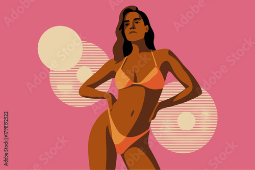 Vibrant Summer Vibes: Confident Woman in Stylish Bikini Posing Against Playful Pink Background with Geometric Sun Elements