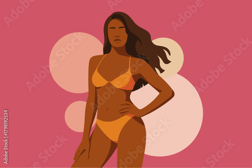Vibrant Summer Vibes: Confident Woman in Stylish Bikini Posing Against Playful Pink Background with Geometric Sun Elements