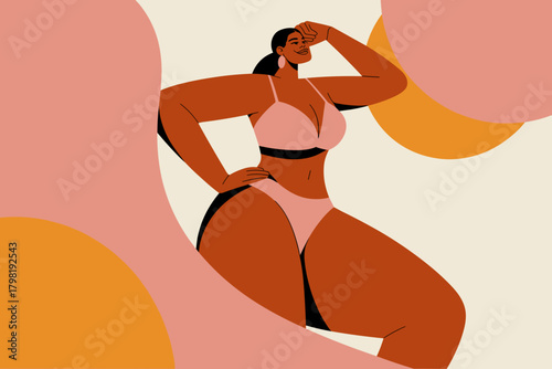 Empowered Plus-Size Woman Posing Confidently in Stylish Swimwear Amidst Soft Pastel Backgrounds