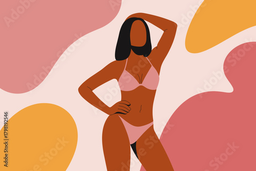 Empowered Plus-Size Woman Posing Confidently in Stylish Swimwear Amidst Soft Pastel Backgrounds
