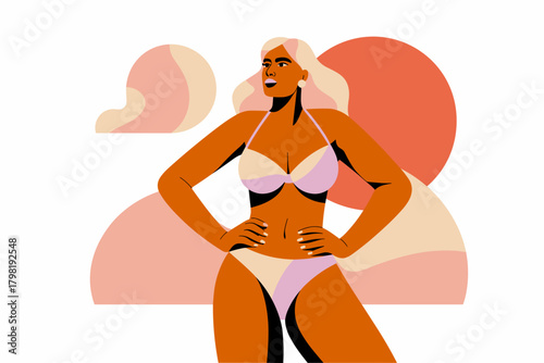 Empowered Plus-Size Woman Posing Confidently in Stylish Swimwear Amidst Soft Pastel Backgrounds