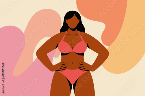 Empowered Plus-Size Woman Posing Confidently in Stylish Swimwear Amidst Soft Pastel Backgrounds