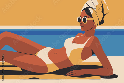 Chic Sunbather Relaxing by the Poolside in Stylish Yellow and White Swimwear with Bold Sunglasses