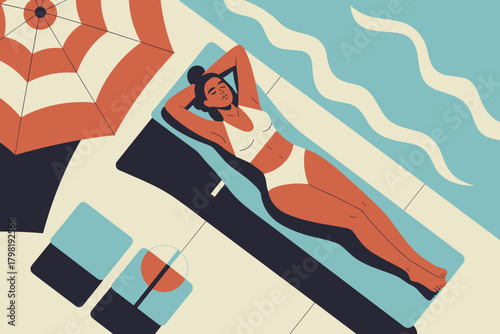 Relaxing Summer Vibes: Woman in White Bikini Lounging by the Pool under a Red Umbrella