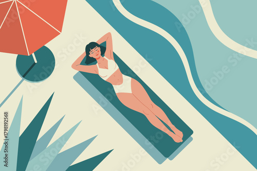 Relaxing Summer Vibes: Woman in White Bikini Lounging by the Pool under a Red Umbrella