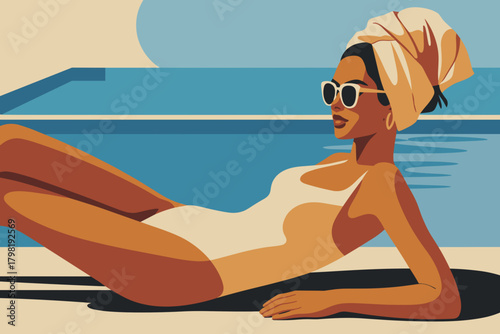 Chic Sunbather Relaxing by the Poolside in Stylish Yellow and White Swimwear with Bold Sunglasses
