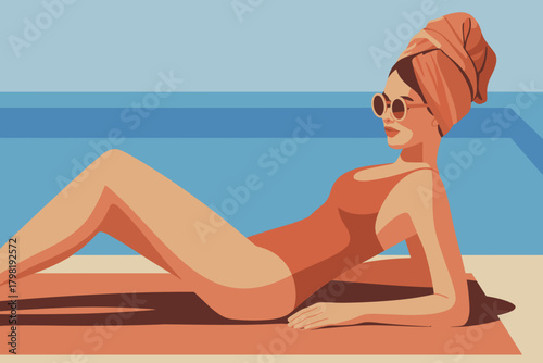 Chic Sunbather Relaxing by the Poolside in Stylish Yellow and White Swimwear with Bold Sunglasses