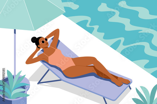 Relaxing Summer Vibes: Woman in White Bikini Lounging by the Pool under a Red Umbrella