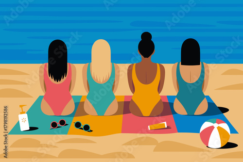 Sun-Kissed Friends Enjoying a Relaxing Day at the Beach in Vibrant Towels Under Clear Blue Skies