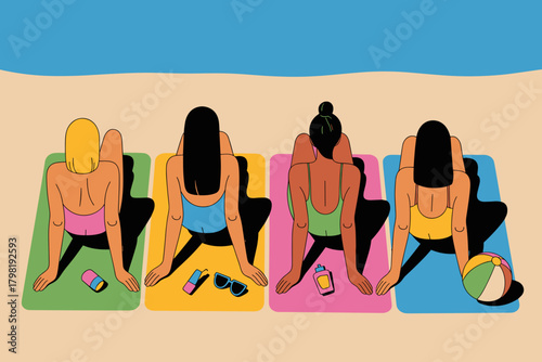 Sun-Kissed Friends Enjoying a Relaxing Day at the Beach in Vibrant Towels Under Clear Blue Skies