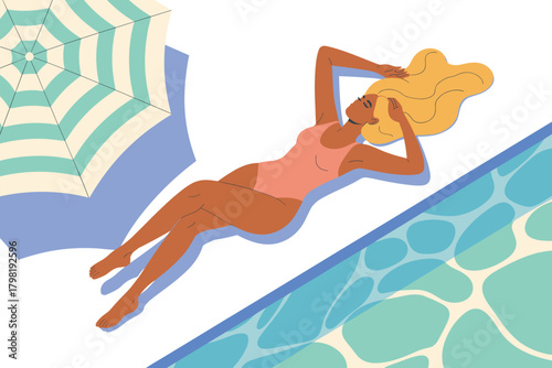 Relaxing Summer Vibes: Woman in White Bikini Lounging by the Pool under a Red Umbrella