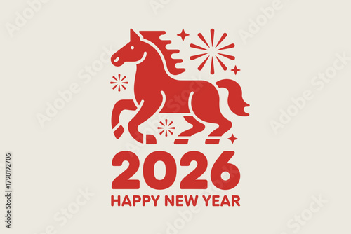 Vibrant 2026 New Year Celebration Featuring a Dynamic Red Horse Icon Surrounded by Festive Fireworks