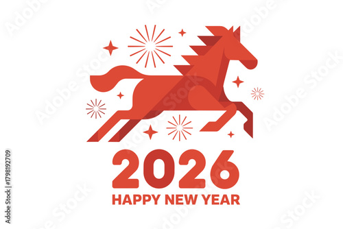 Vibrant 2026 New Year Celebration Featuring a Dynamic Red Horse Icon Surrounded by Festive Fireworks