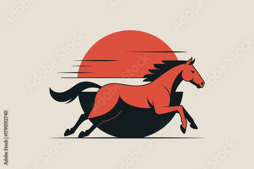 Dynamic Red Horse Racing Against a Bold Orange Sun in Minimalist Graphic Style