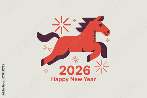 Festive Red Horse Leaping into the New Year 2026 with Cheerful Stars and Bold Typography