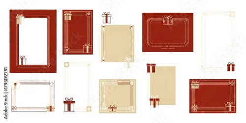 Christmas photo card and postcard templates set with elegant frames, gift box accents, and modern geometric patterns, festive holiday theme in red, gold, and white tones, editable vector 