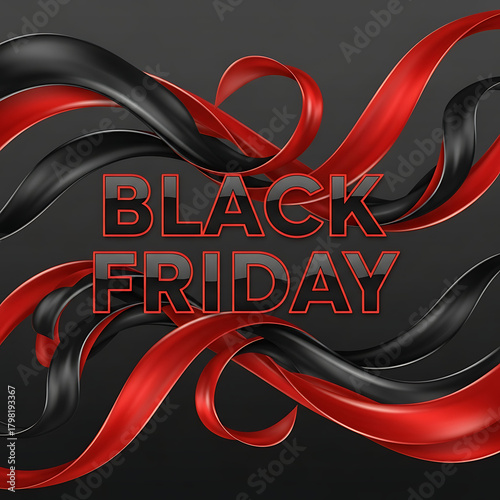Black Friday Text with Flowing Red and Black Ribbons