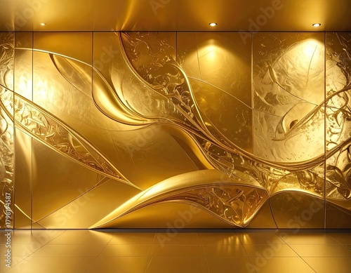 Gleaming golden bas-relief wall with fluid, abstract forms and spot lighting