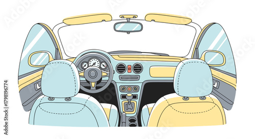 Stylized automotive interior illustration showcasing driver's view with open doors