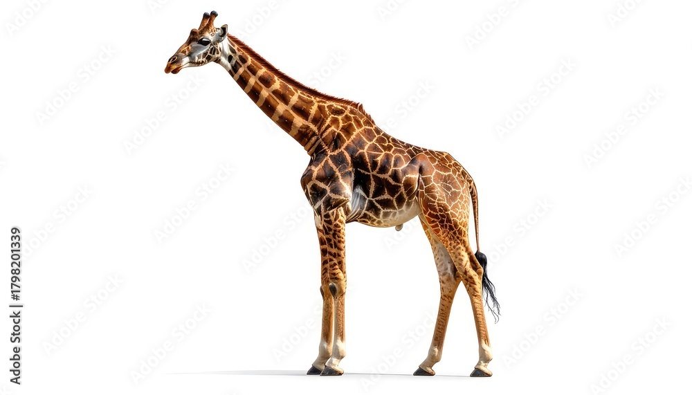 Fototapeta premium A full-body profile of a tall giraffe standing, isolated on a white background