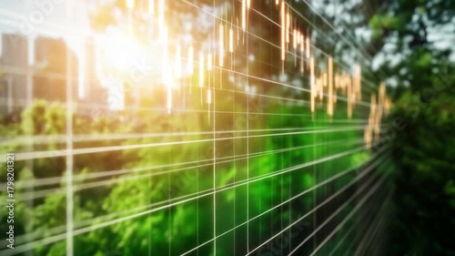 Sustainable finance in environment: A visionary display of financial strategy, with dynamic green graphs, merging with lush nature.
