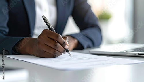 A professional person in a business suit signs a document with a pen at a desk