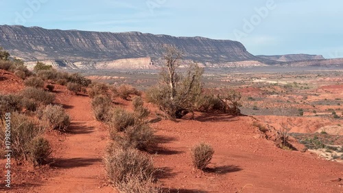 Wide desert vista with red rock mesas and sparse vegetation