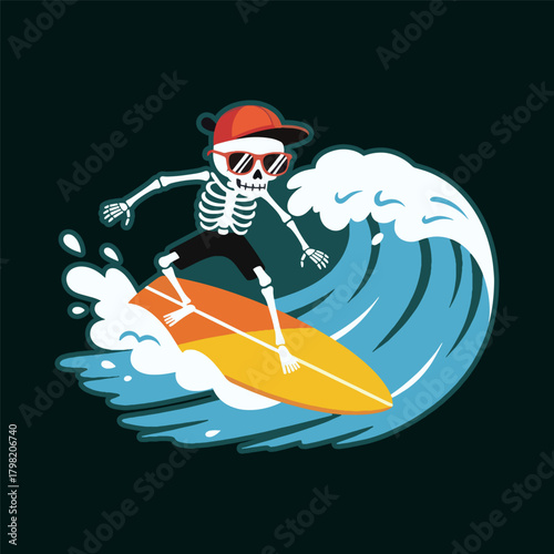 Skeleton Surfing Cartoon Illustration, Surfer Skeleton, Beach Fun