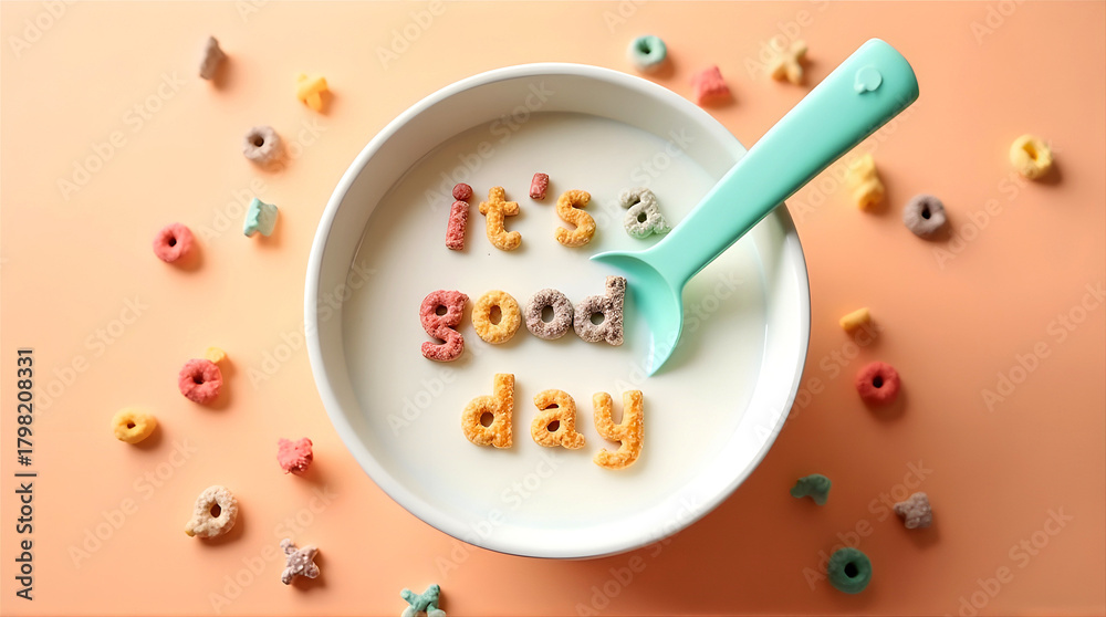 Fototapeta premium Bowl of milk and cereal arranged to form letters spelling It's a good day on soft peach background
